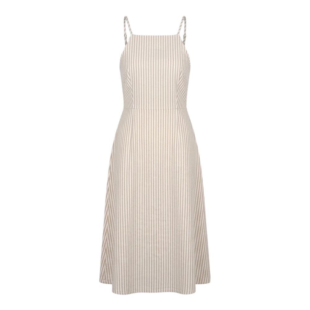 First Monday Sun Dress XL Tan Beige Vertical Stripes Cotton Tie Back Summer Midi